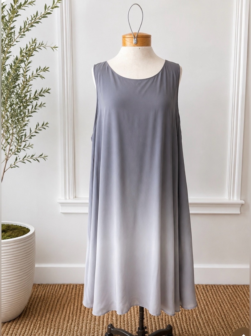 Eileen Fisher 100% Silk Ombré Gray Sleeveless Dress – XL